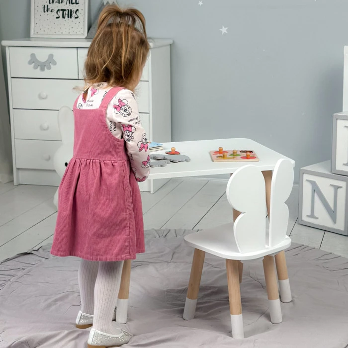 Стіл прямокутний 46х60х45 і стілець метелик 26.5х26х25, столик та стільчик для дівчинки до 7 років, білий