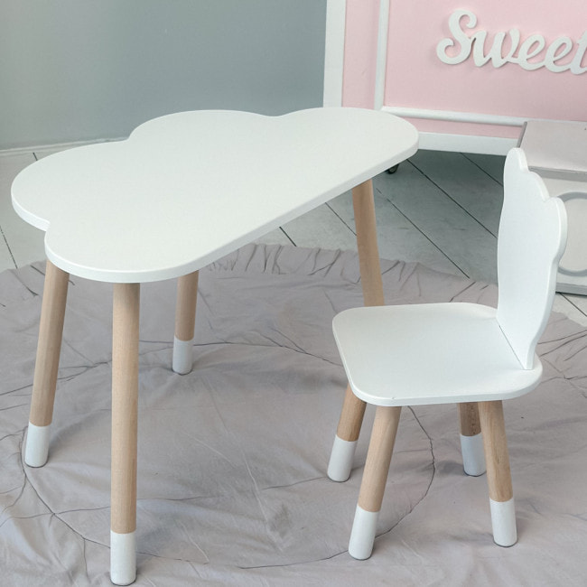 Столик хмаринка 46х70х40 і стільчик медведик 26.5х26х25, стіл та стілець в дитячу, білий