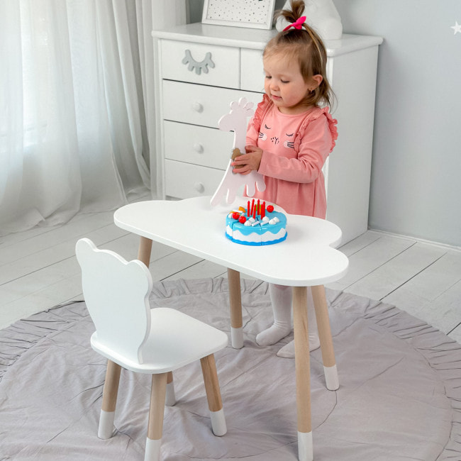 Столик хмаринка 46х70х40 і стільчик медведик 26.5х26х25, стіл та стілець в дитячу, білий