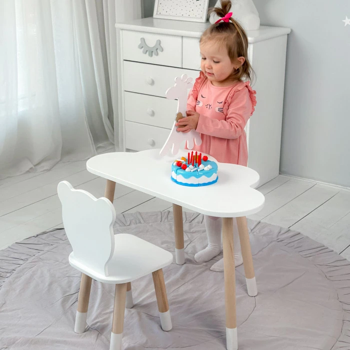 Столик хмаринка 46х70х40 і стільчик медведик 26.5х26х25, стіл та стілець в дитячу, білий