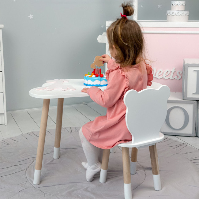 Столик хмаринка 46х70х40 і стільчик медведик 26.5х26х25, стіл та стілець в дитячу, білий