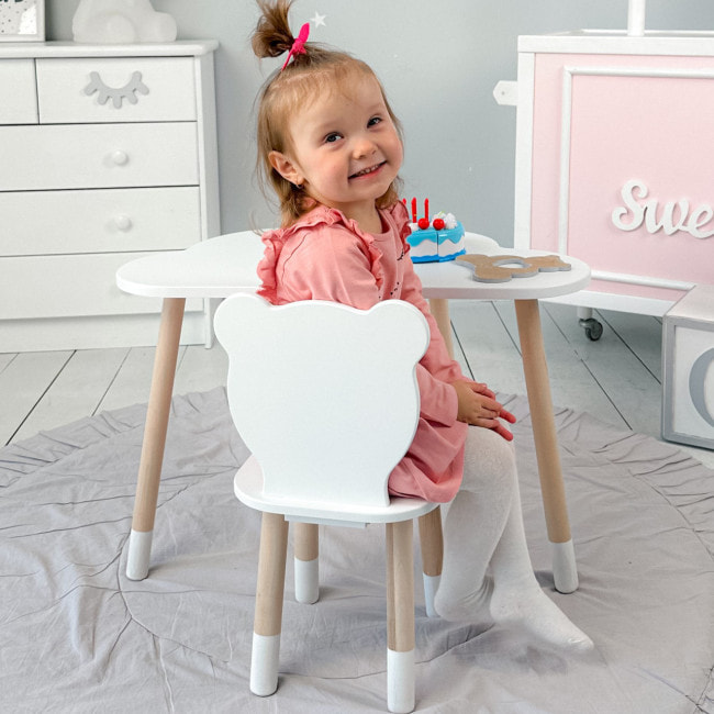 Столик хмаринка 46х70х40 і стільчик медведик 26.5х26х25, стіл та стілець в дитячу, білий