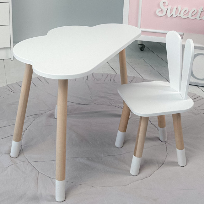 Белый набор мебели стол и стул, детский столик облако 46х70х40 и стульчик зайчик 26.5х26х25 для игры, рисование, обучение