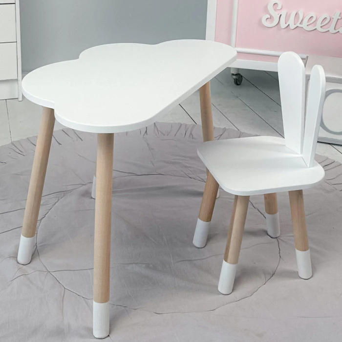 Білий набір меблів стіл та стілець, дитячий столик хмарка 46х70х40 і стільчик зайчик 26.5х26х25 для гри, малювання, навчання