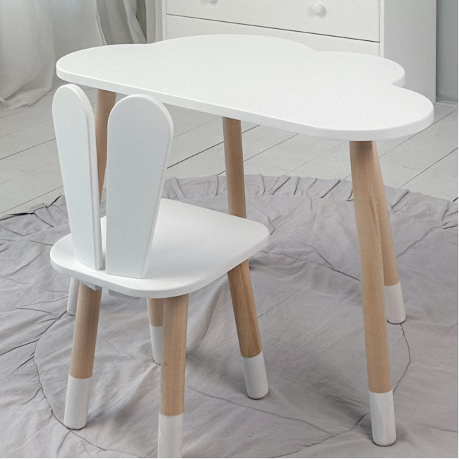 Белый набор мебели стол и стул, детский столик облако 46х70х40 и стульчик зайчик 26.5х26х25 для игры, рисование, обучение