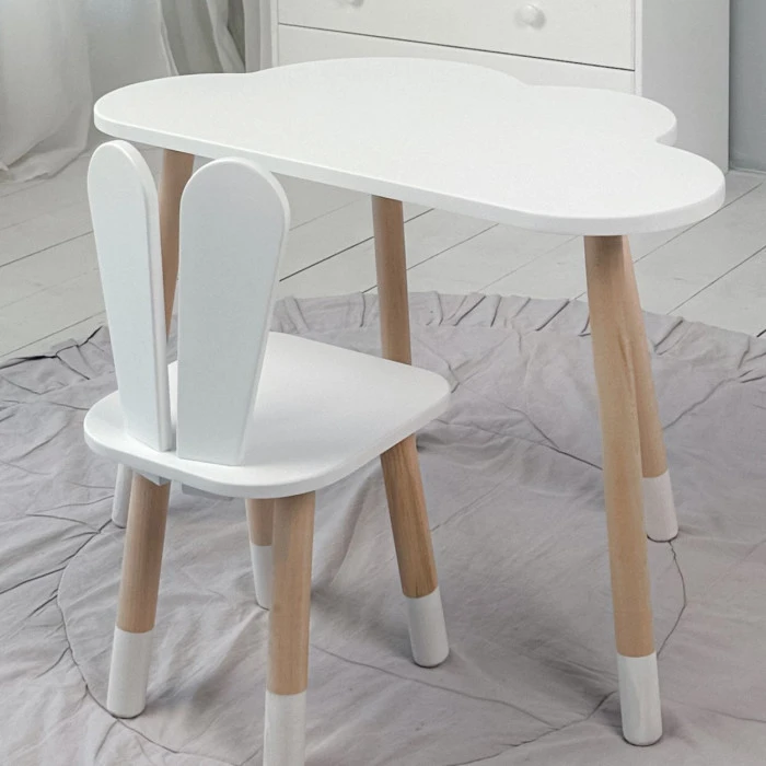 Білий набір меблів стіл та стілець, дитячий столик хмарка 46х70х40 і стільчик зайчик 26.5х26х25 для гри, малювання, навчання