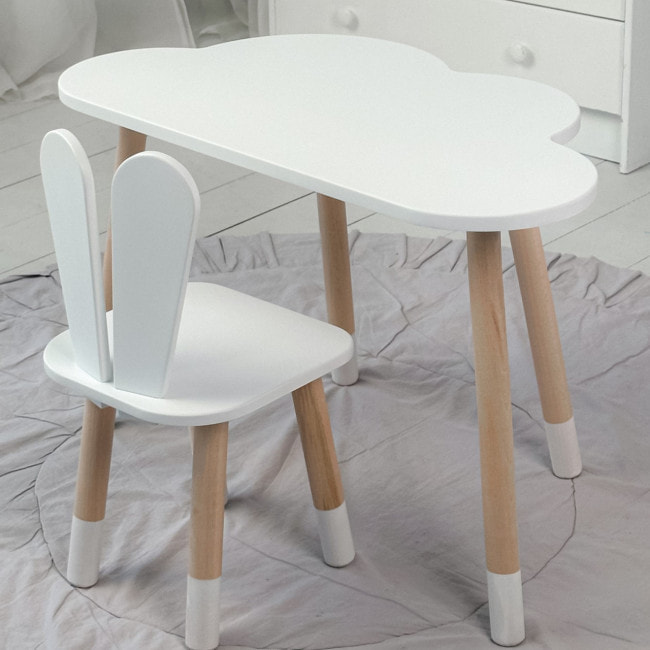 Белый набор мебели стол и стул, детский столик облако 46х70х40 и стульчик зайчик 26.5х26х25 для игры, рисование, обучение