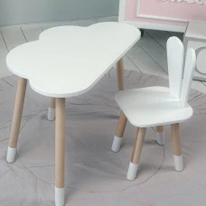 Білий набір меблів стіл та стілець, дитячий столик хмарка 46х70х40 і стільчик зайчик 26.5х26х25 для гри, малювання, навчання
