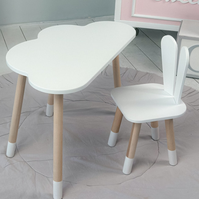 Белый набор мебели стол и стул, детский столик облако 46х70х40 и стульчик зайчик 26.5х26х25 для игры, рисование, обучение