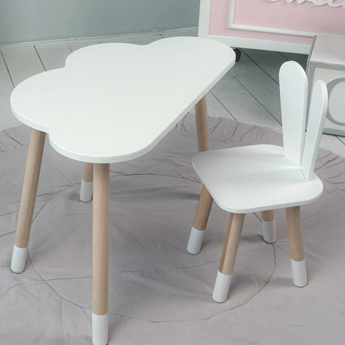 Білий набір меблів стіл та стілець, дитячий столик хмарка 46х70х40 і стільчик зайчик 26.5х26х25 для гри, малювання, навчання