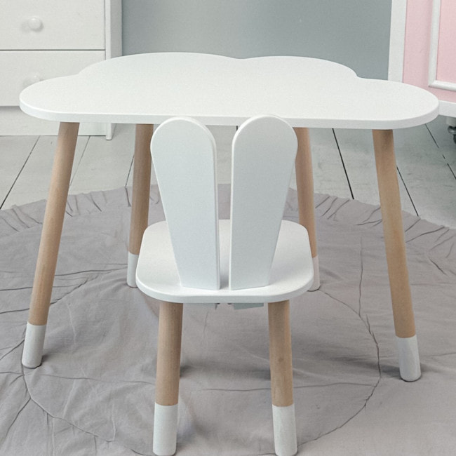 Белый набор мебели стол и стул, детский столик облако 46х70х40 и стульчик зайчик 26.5х26х25 для игры, рисование, обучение