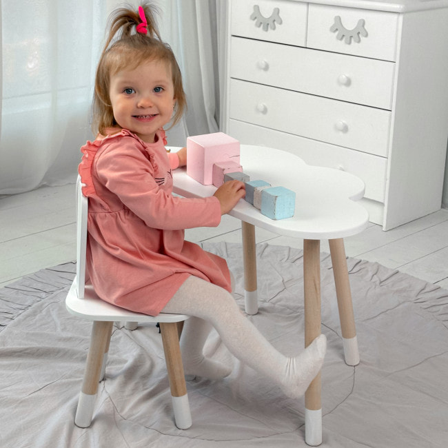 Белый набор мебели стол и стул, детский столик облако 46х70х40 и стульчик зайчик 26.5х26х25 для игры, рисование, обучение