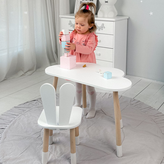 Белый набор мебели стол и стул, детский столик облако 46х70х40 и стульчик зайчик 26.5х26х25 для игры, рисование, обучение