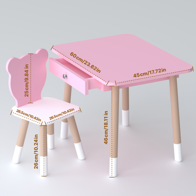 Стол прямоугольный с ящиком 46х60х45 и стул медвежья 26.5х26х25, столик и стульчик для детской комнаты, розовый с белым