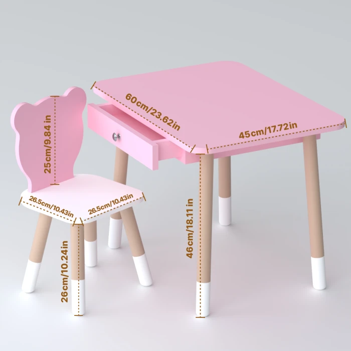 Стіл прямокутний з шухлядою 46х60х45 і стілець медвежа 26.5х26х25, столик та стільчик для дитячої кімнати, рожевий з білим