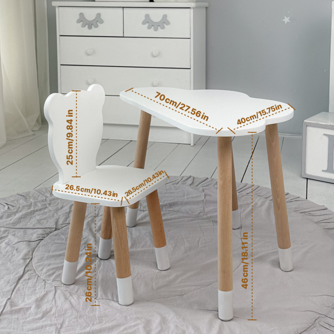 Столик хмаринка 46х70х40 і стільчик медведик 26.5х26х25, стіл та стілець в дитячу, білий