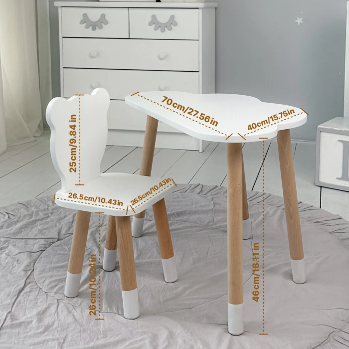 Столик хмаринка 46х70х40 і стільчик медведик 26.5х26х25, стіл та стілець в дитячу, білий