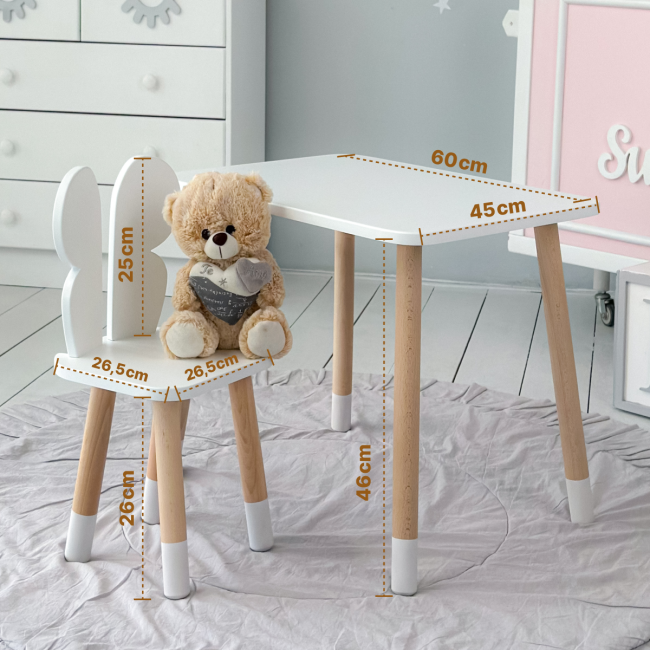 Стол прямоугольный 46х60х45 и стул бабочка 26.5х26х25, столик и стульчик для девочки до 7 лет, белый