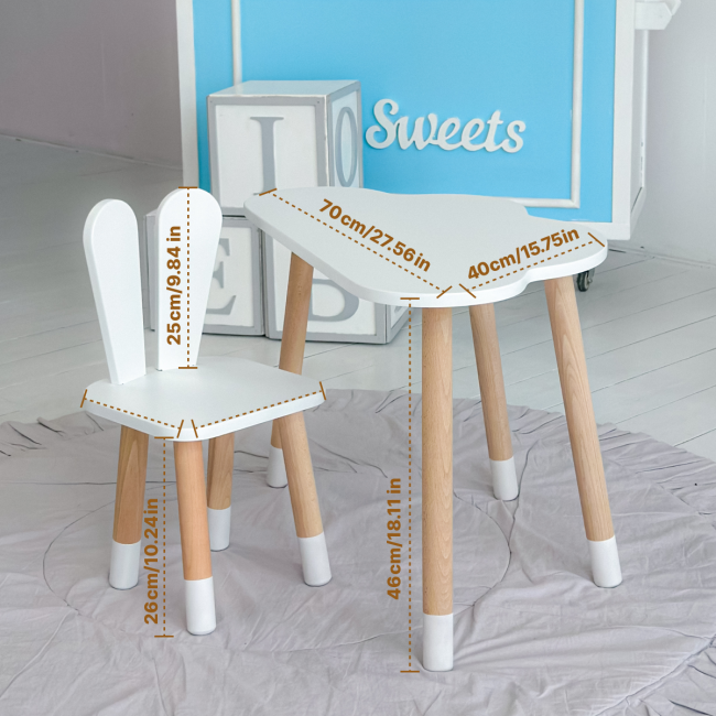 Белый набор мебели стол и стул, детский столик облако 46х70х40 и стульчик зайчик 26.5х26х25 для игры, рисование, обучение