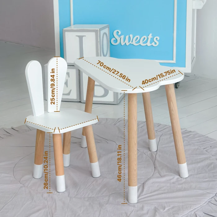 Білий набір меблів стіл та стілець, дитячий столик хмарка 46х70х40 і стільчик зайчик 26.5х26х25 для гри, малювання, навчання