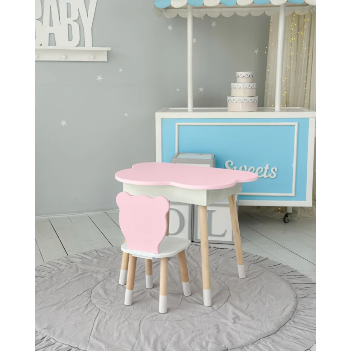 Столик облачко с нишей для вещей 54х68х50 и стульчик спинка медведик 26.5х26х25, стол и стул в детскую, белый с розовым