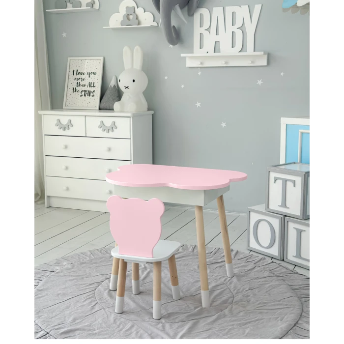 Столик облачко с нишей для вещей 54х68х50 и стульчик спинка медведик 26.5х26х25, стол и стул в детскую, белый с розовым