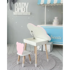 Столик облачко с нишей для вещей 54х68х50 и стульчик спинка медведик 26.5х26х25, стол и стул в детскую, белый с розовым