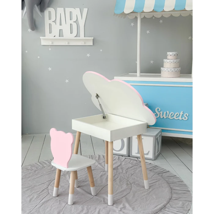 Столик облачко с нишей для вещей 54х68х50 и стульчик спинка медведик 26.5х26х25, стол и стул в детскую, белый с розовым