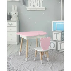 Столик облачко с нишей для вещей 54х68х50 и стульчик спинка медведик 26.5х26х25, стол и стул в детскую, белый с розовым