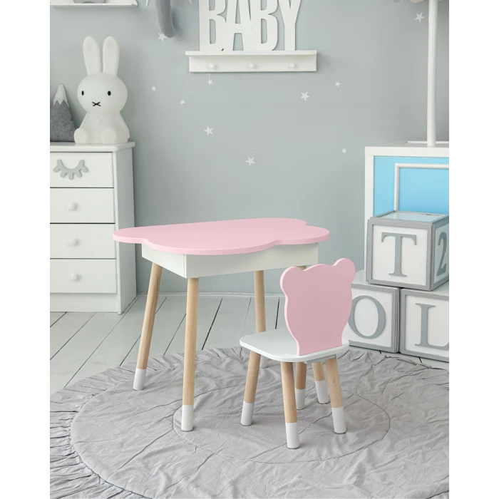 Столик облачко с нишей для вещей 54х68х50 и стульчик спинка медведик 26.5х26х25, стол и стул в детскую, белый с розовым