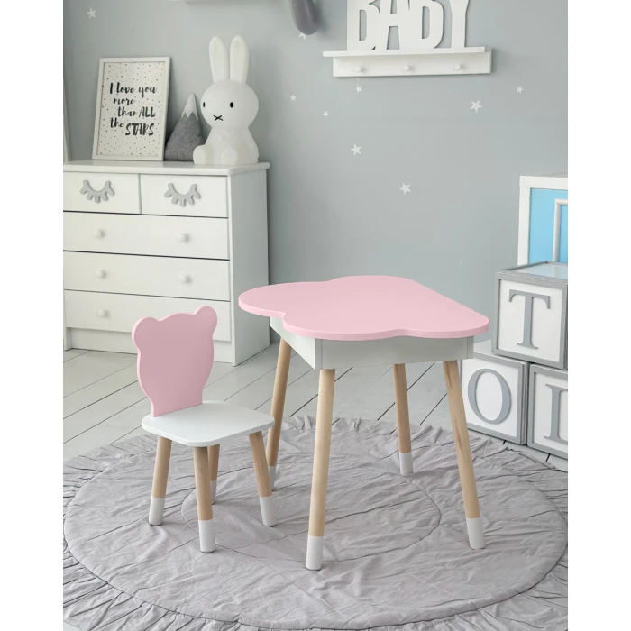 Столик облачко с нишей для вещей 54х68х50 и стульчик спинка медведик 26.5х26х25, стол и стул в детскую, белый с розовым
