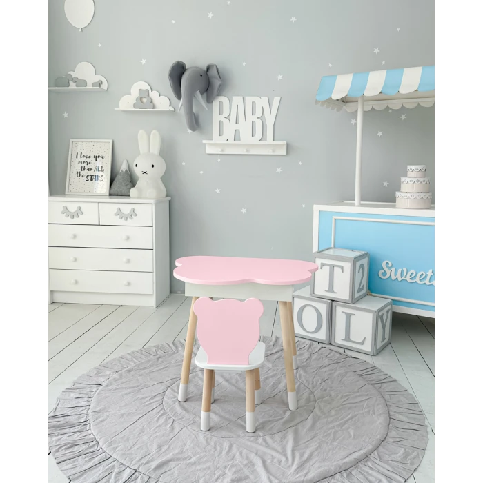 Столик облачко с нишей для вещей 54х68х50 и стульчик спинка медведик 26.5х26х25, стол и стул в детскую, белый с розовым