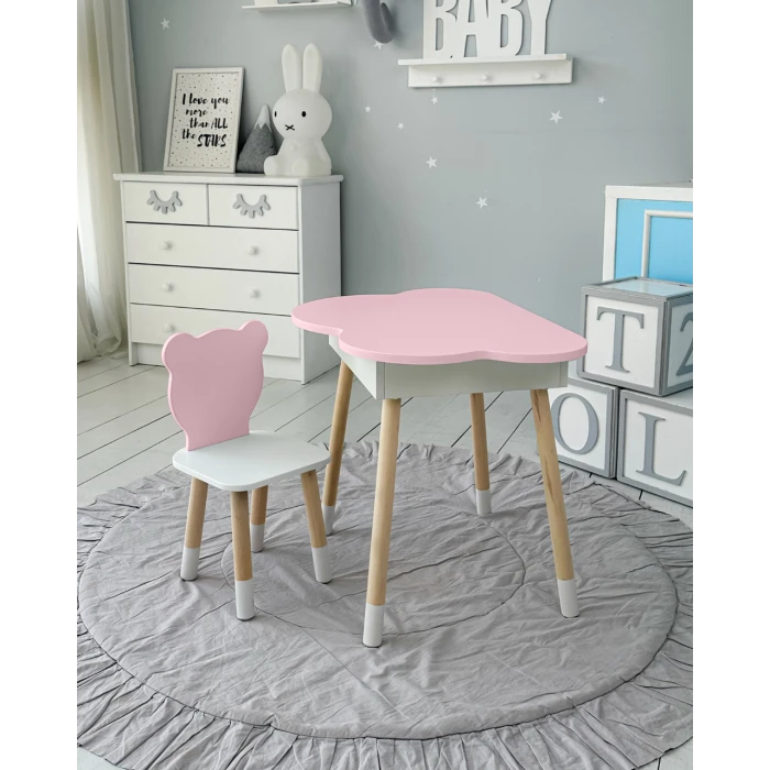Столик облачко с нишей для вещей 54х68х50 и стульчик спинка медведик 26.5х26х25, стол и стул в детскую, белый с розовым