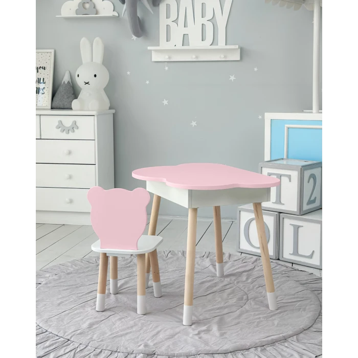 Столик облачко с нишей для вещей 54х68х50 и стульчик спинка медведик 26.5х26х25, стол и стул в детскую, белый с розовым