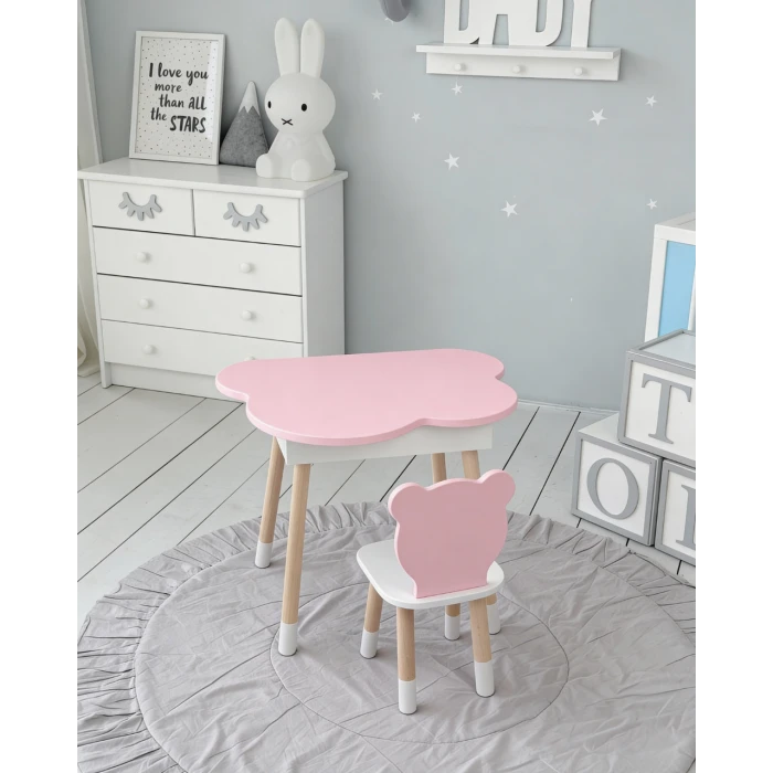 Столик облачко с нишей для вещей 54х68х50 и стульчик спинка медведик 26.5х26х25, стол и стул в детскую, белый с розовым
