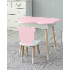 Столик облачко с нишей для вещей 54х68х50 и стульчик спинка медведик 26.5х26х25, стол и стул в детскую, белый с розовым