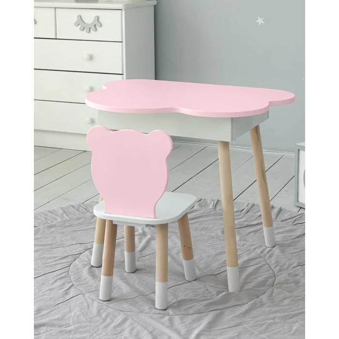 Столик облачко с нишей для вещей 54х68х50 и стульчик спинка медведик 26.5х26х25, стол и стул в детскую, белый с розовым