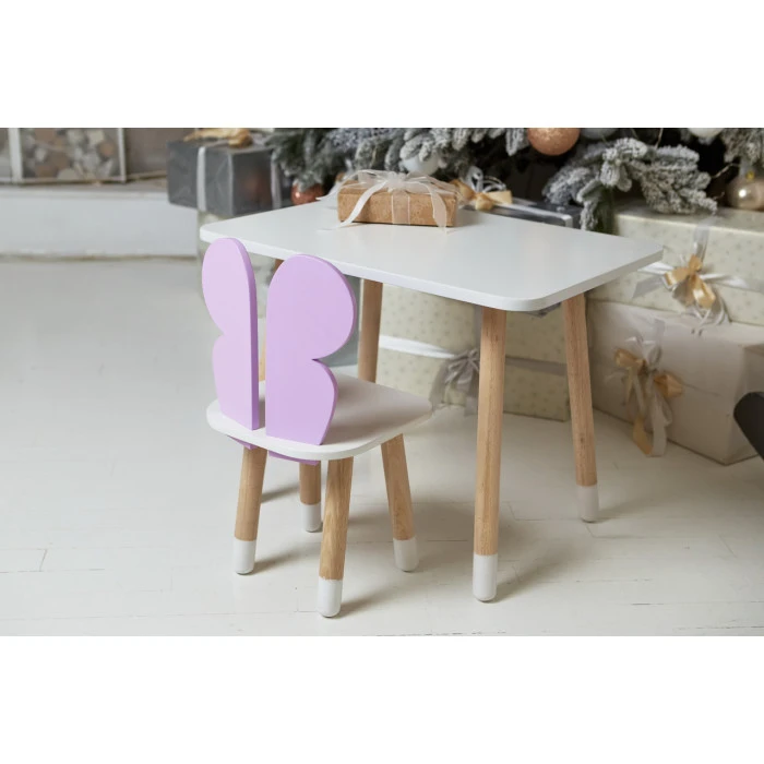 Дитячий стіл 46х60х45 і стілець крильця метелика 26.5х26х25, столик та стільчик для дівчинки, фіолетовий з білим