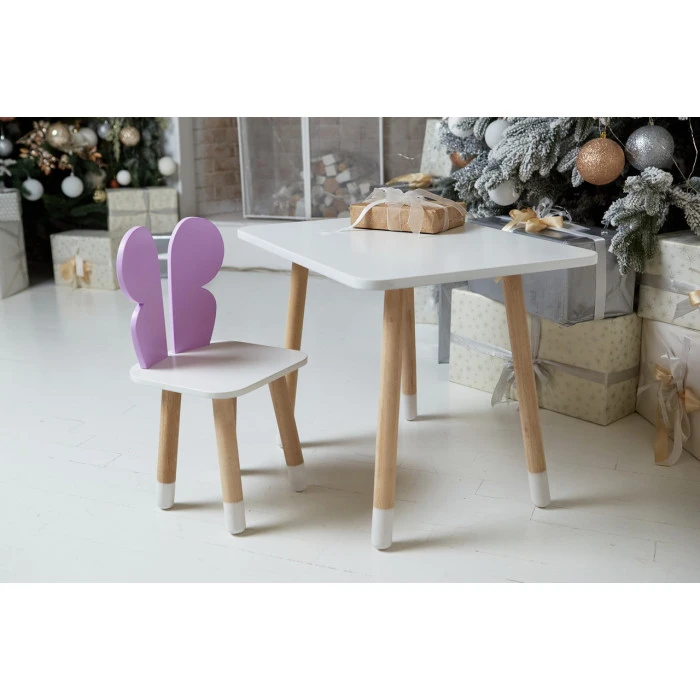 Дитячий стіл 46х60х45 і стілець крильця метелика 26.5х26х25, столик та стільчик для дівчинки, фіолетовий з білим