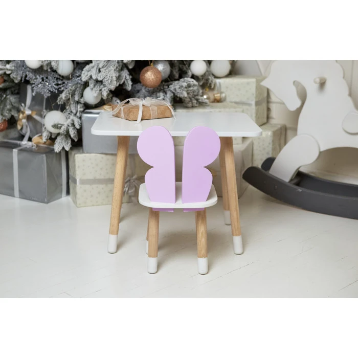 Дитячий стіл 46х60х45 і стілець крильця метелика 26.5х26х25, столик та стільчик для дівчинки, фіолетовий з білим