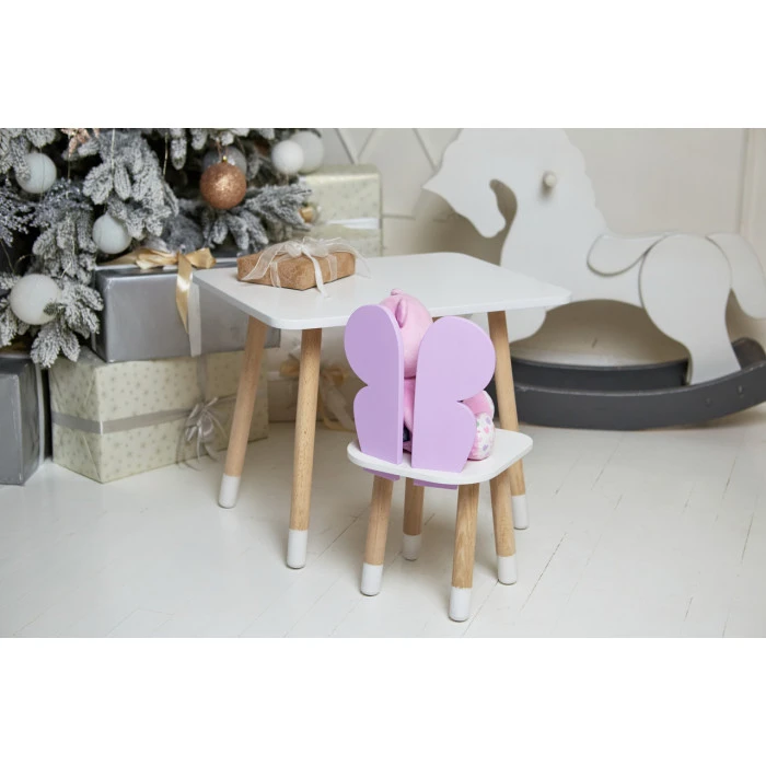 Дитячий стіл 46х60х45 і стілець крильця метелика 26.5х26х25, столик та стільчик для дівчинки, фіолетовий з білим