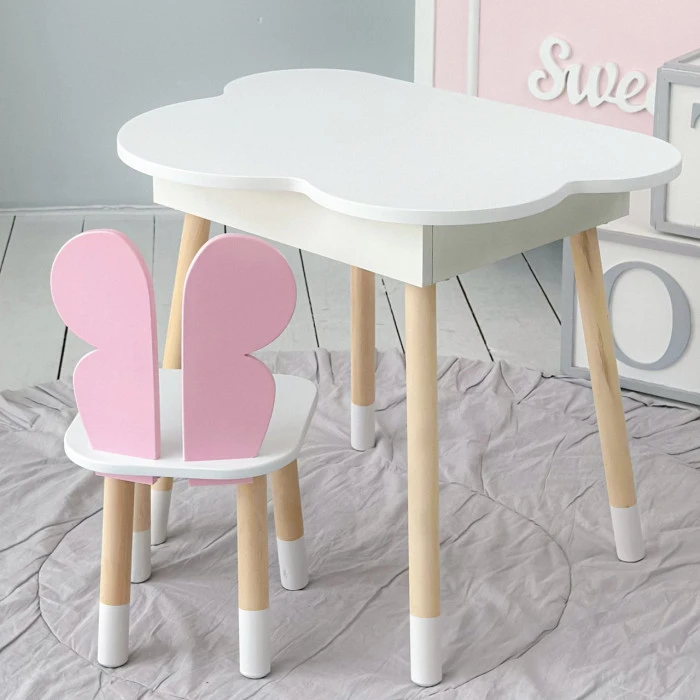 Столик хмаринка з нішею 54х68х50 і стільчик метелик 26.5х26х25, стіл та стілець в дитячу, білий з рожевим