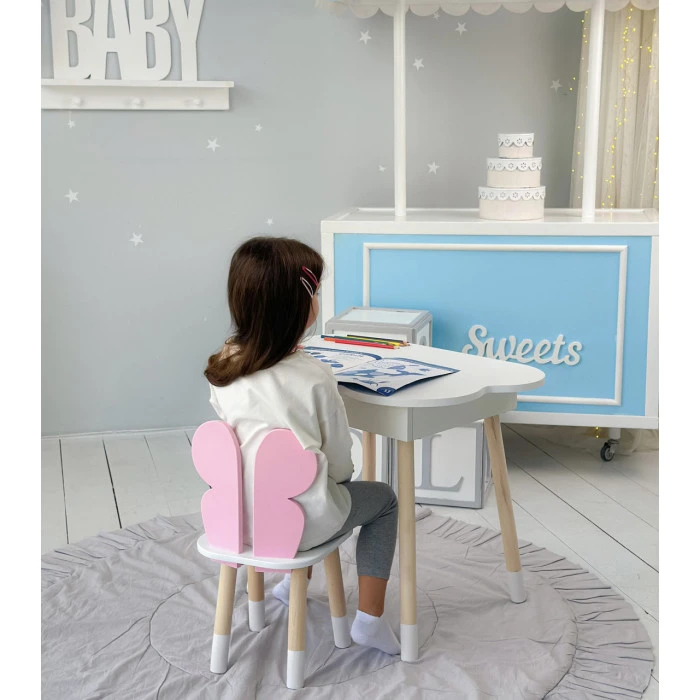 Столик хмаринка з нішею 54х68х50 і стільчик метелик 26.5х26х25, стіл та стілець в дитячу, білий з рожевим