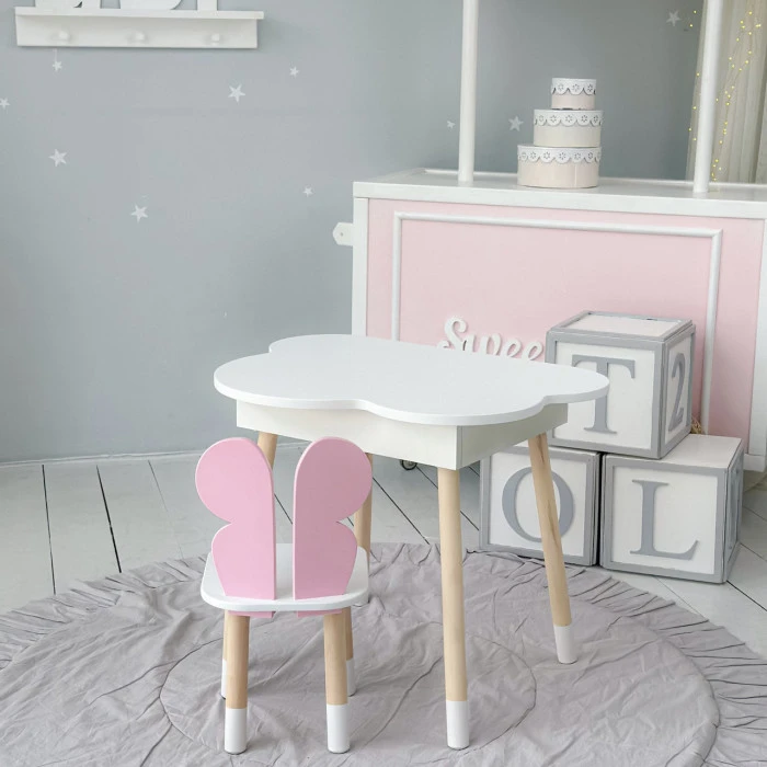 Столик хмаринка з нішею 54х68х50 і стільчик метелик 26.5х26х25, стіл та стілець в дитячу, білий з рожевим