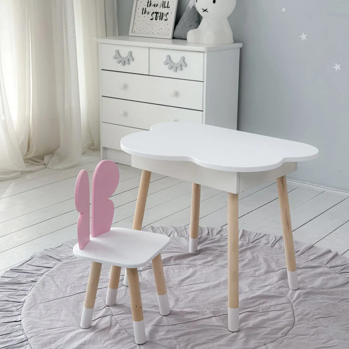 Столик хмаринка з нішею 54х68х50 і стільчик метелик 26.5х26х25, стіл та стілець в дитячу, білий з рожевим