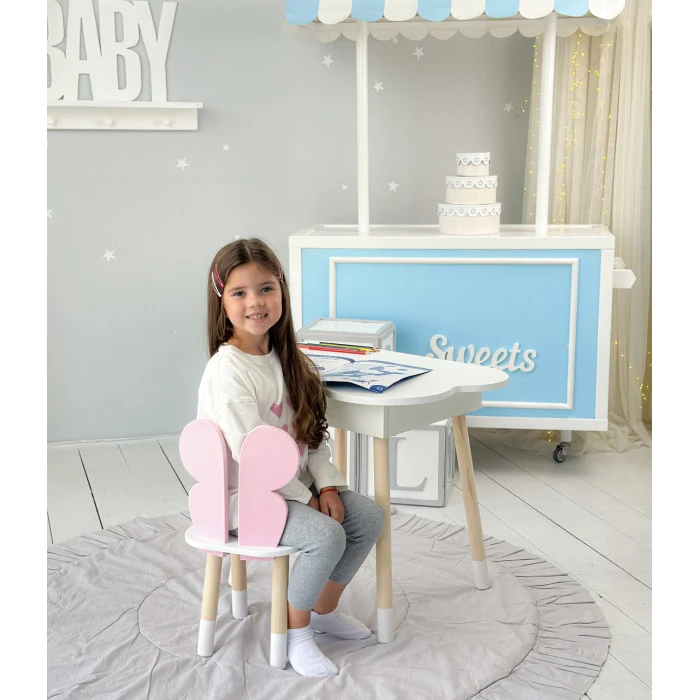 Столик хмаринка з нішею 54х68х50 і стільчик метелик 26.5х26х25, стіл та стілець в дитячу, білий з рожевим