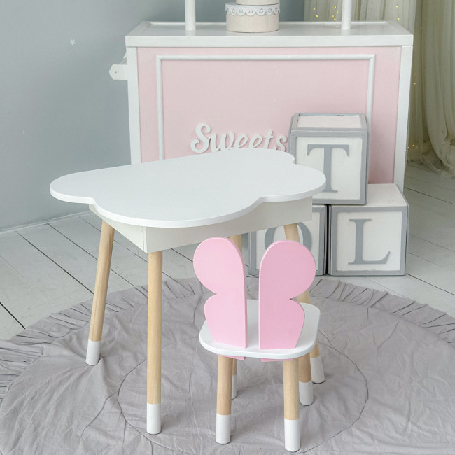 Столик хмаринка з нішею 54х68х50 і стільчик метелик 26.5х26х25, стіл та стілець в дитячу, білий з рожевим
