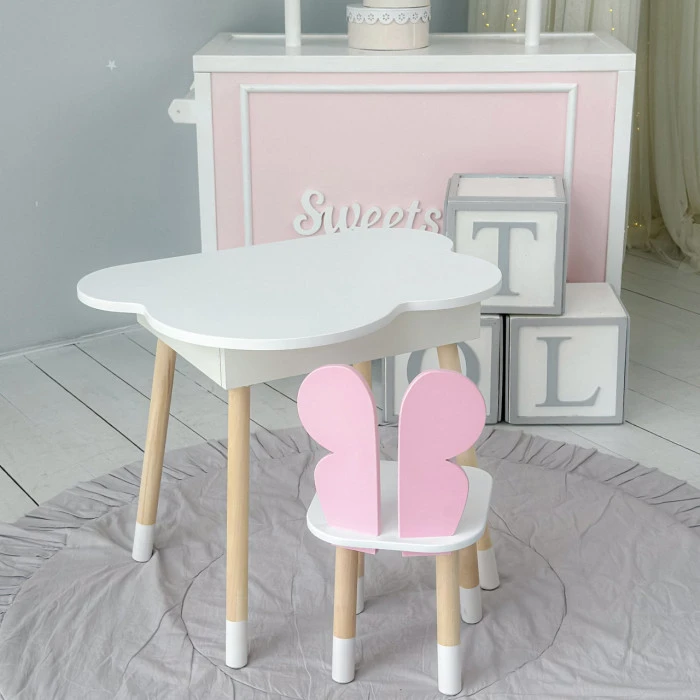 Столик хмаринка з нішею 54х68х50 і стільчик метелик 26.5х26х25, стіл та стілець в дитячу, білий з рожевим