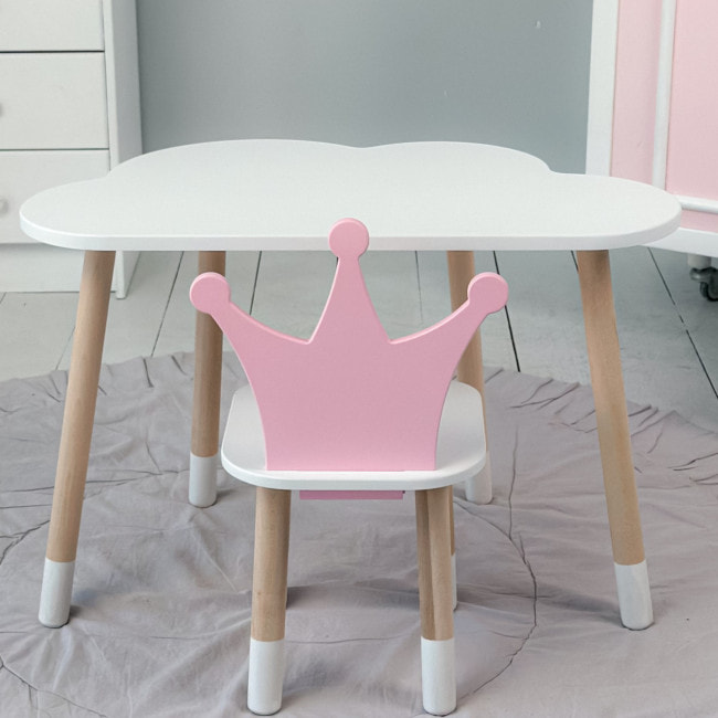Стол белое облако 46х70х40 и стульчик корона розовый 26.5х26х25, стол и стул в детскую.