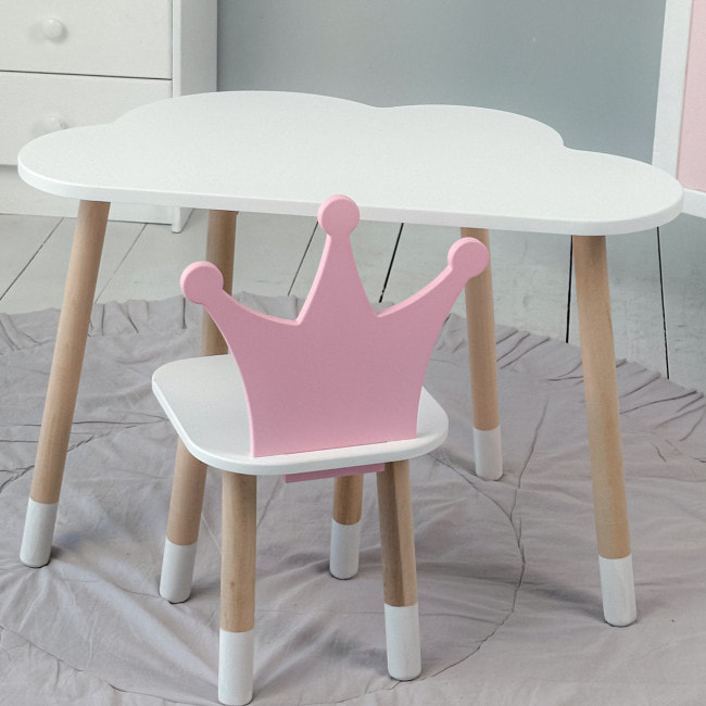 Стол белое облако 46х70х40 и стульчик корона розовый 26.5х26х25, стол и стул в детскую.